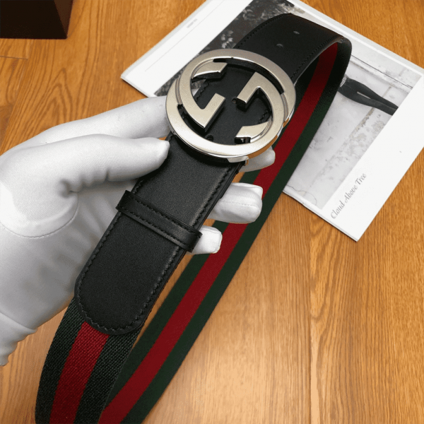 GUCCI MEN'S WEB STRIPED CANVAS BELT