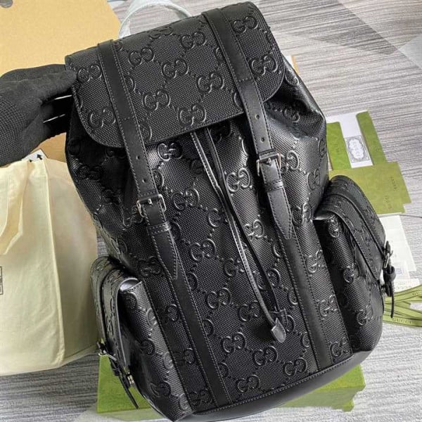 GG EMBOSSED BACKPACK IN BLACK LEATHER