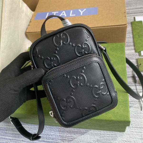 GG EMBOSSED MINI BAG IN BLACK LEATHER