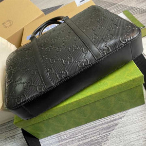 GUCCI GG EMBOSSED BRIEFCASE BLACK LEATHER COTTON LINEN LINING