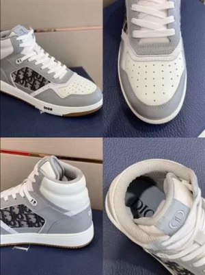 B27 HIGH-TOP SNEAKER GRAY AND WHITE SMOOTH CALFSKIN WITH BEIGE AND BLACK DIOR OBLIQUE JACQUARD - CD117