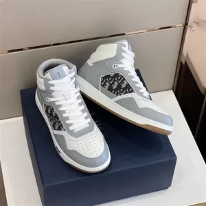 B27 HIGH-TOP SNEAKER GRAY AND WHITE SMOOTH CALFSKIN WITH BEIGE AND BLACK DIOR OBLIQUE JACQUARD - CD117